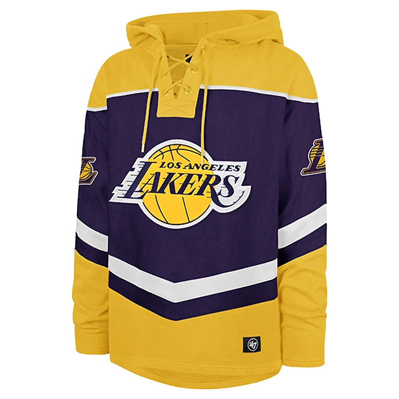 Men's '47 Purple Los Angeles Lakers Oversized Tri-Satin Layup Lacer Pullover Hoodie