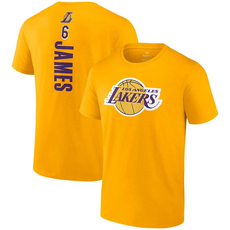 T-shirt avec nom et numéro de meneur jeu Fanatics LeBron James Gold Los Angeles Lakers pour hommes