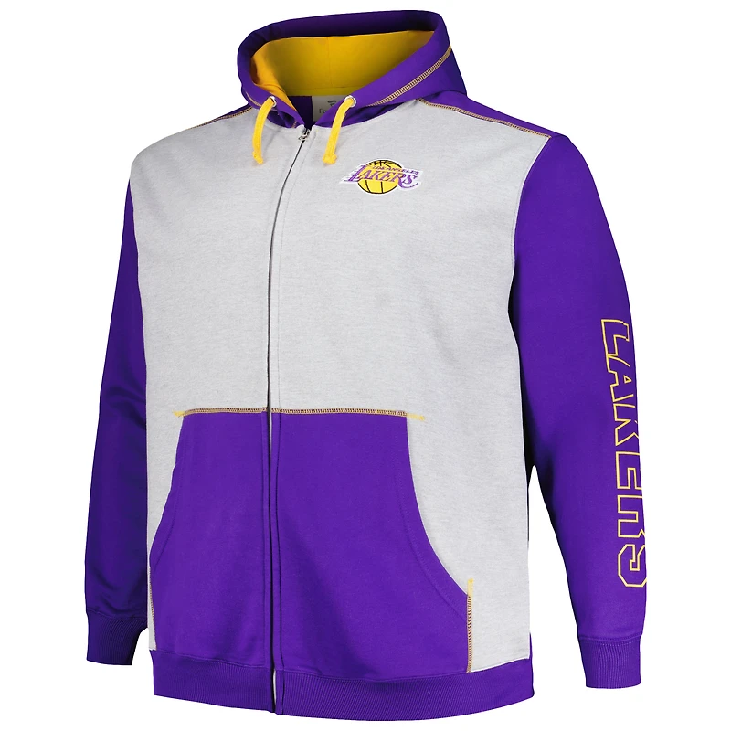 Fanatics pour hommes violet/gris chiné Los Angeles Lakers Big & Tall Sweat à capuche entièrement zippé avec coutures contrastées