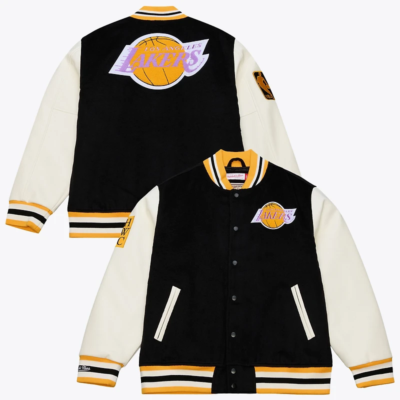 Men's Mitchell & Ness Black/White Los Angeles Lakers Hardwood Classics Off Day Full-Snap Varsity Jacket
