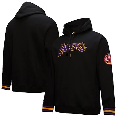 Men's Mitchell & Ness Black Los Angeles Lakers Chainstitch Applique Vintage Heavyweight Pullover Hoodie