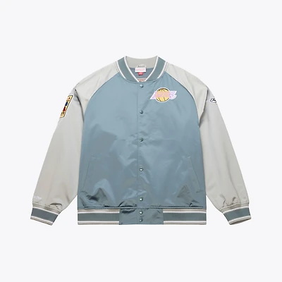 Veste Mitchell & Ness Thunderstorm légère en satin bleu/argent pour homme, Los Angeles Lakers, fermeture à boutons-pression.