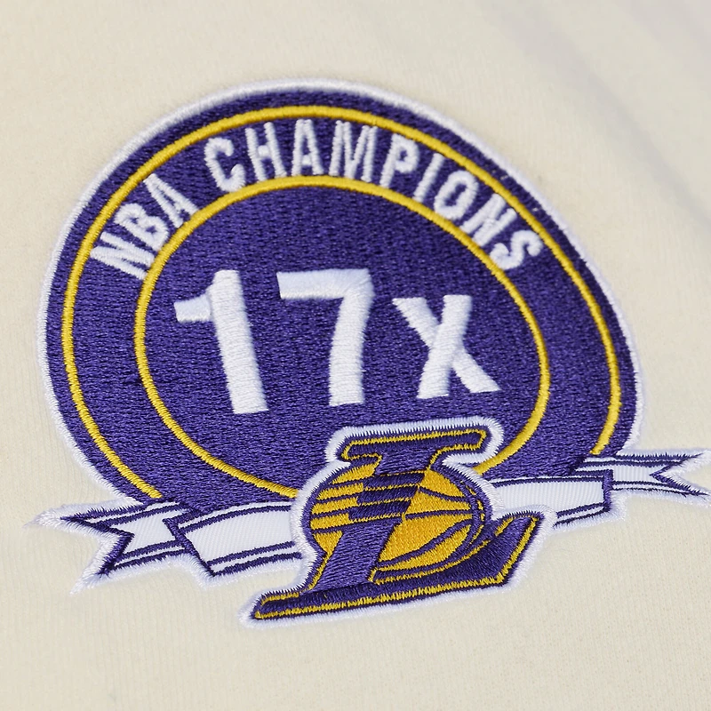 Men's Mitchell & Ness Cream Los Angeles Lakers Hardwood Classics Chainstitch Premium Fleece Hoodie