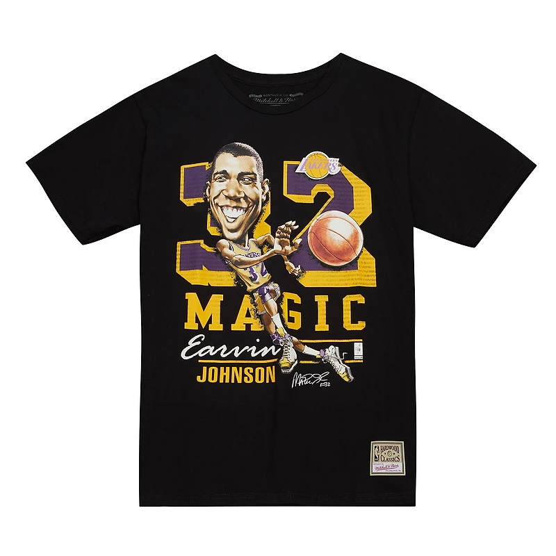 T-shirt pour homme Mitchell & Ness Magic Johnson Black Los Angeles Lakers Hardwood Classics Caricature