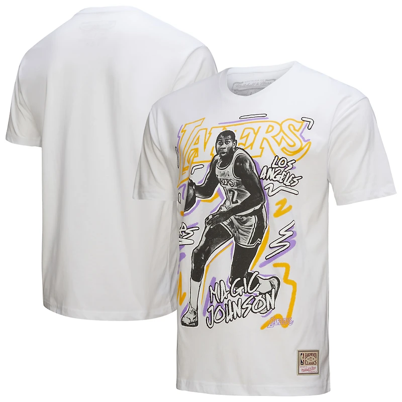 T-shirt blanc pour homme Mitchell & Ness Magic Johnson des Los Angeles Lakers Hardwood Classics Chalked Up