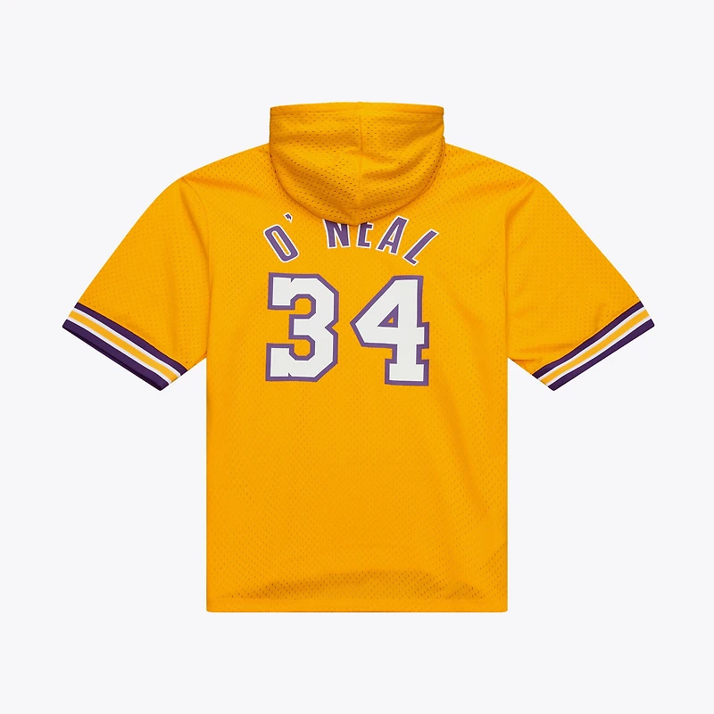 Sweat à capuche manches courtes Mitchell & Ness Shaquille O'Neal doré Los Angeles Lakers pour homme, en maille, avec nom et numéro.
