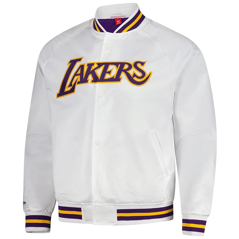 Veste à boutons-pression intégrale blanche Mitchell & Ness Los Angeles Lakers Hardwood Classics Throwback Wordmark Raglan Satin pour homme