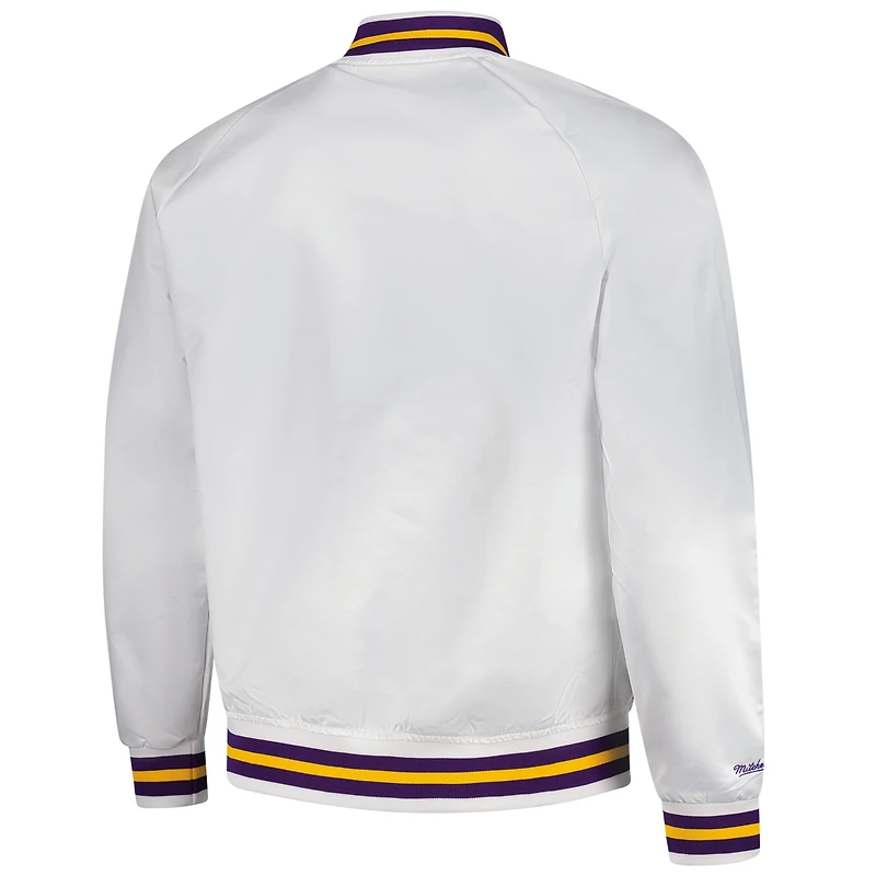 Veste à boutons-pression intégrale blanche Mitchell & Ness Los Angeles Lakers Hardwood Classics Throwback Wordmark Raglan Satin pour homme