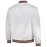 Veste à boutons-pression intégrale blanche Mitchell & Ness Los Angeles Lakers Hardwood Classics Throwback Wordmark Raglan Satin pour homme
