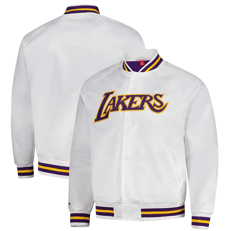 Veste à boutons-pression intégrale blanche Mitchell & Ness Los Angeles Lakers Hardwood Classics Throwback Wordmark Raglan Satin pour homme