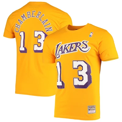 Men's Mitchell & Ness Wilt Chamberlain Gold Los Angeles Lakers Hardwood Classics Stitch Name Number T-Shirt
