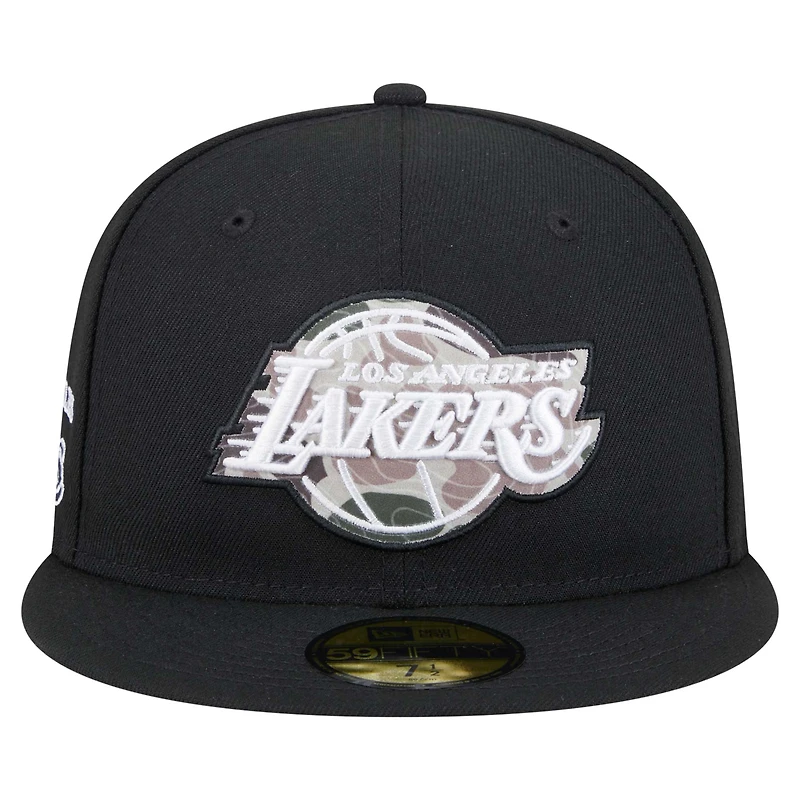 Men's New Era Black Los Angeles Lakers Camo Print Logo UV Fitted 59FIFTY Hat