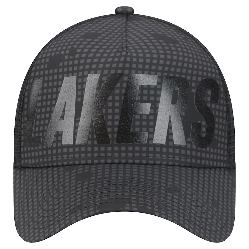 Men's New Era Black Los Angeles Lakers Midnight Ink Tonal A-Frame Trucker 9FORTY Adjustable Hat