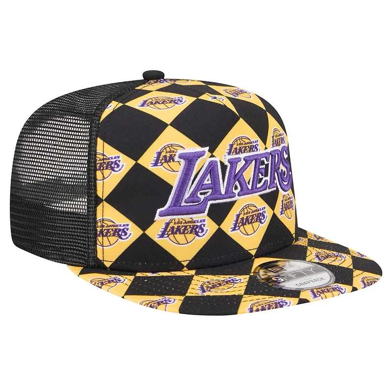 Men's New Era Black Los Angeles Lakers Seeing Diamonds A-Frame Trucker 9FIFTY Snapback Hat