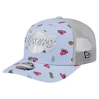 Casquette extensible à bouton-pression New Era bleu clair/gris pour homme des Los Angeles Lakers Adventure Aloha Pattern 9SEVENTY