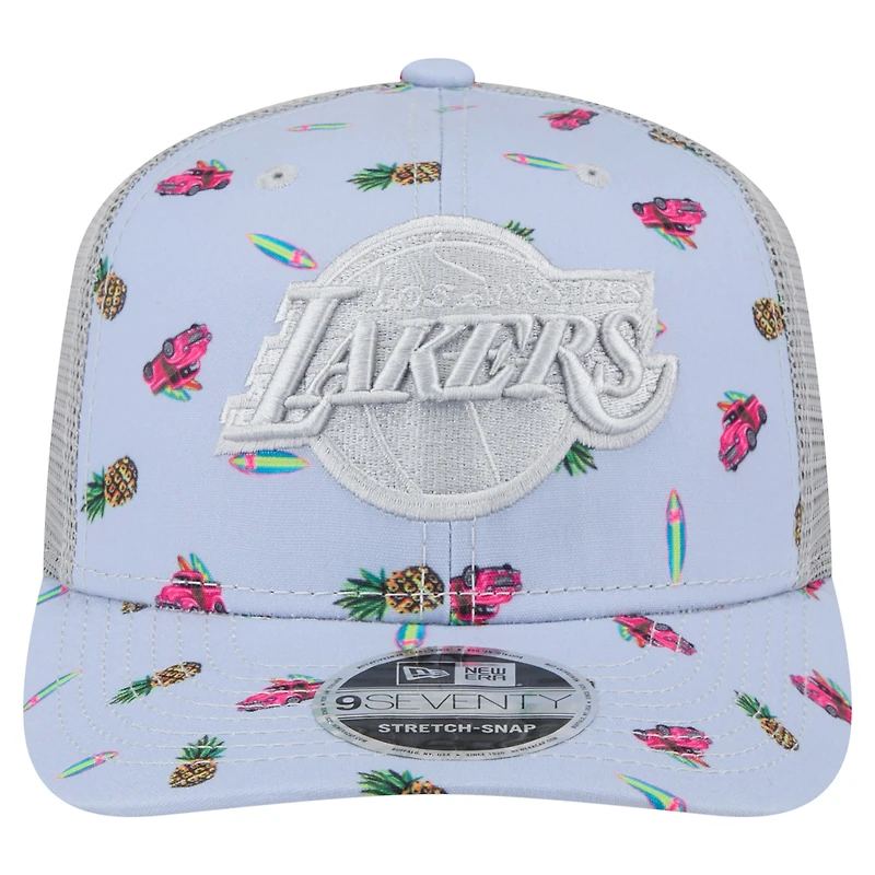 Casquette extensible à bouton-pression New Era bleu clair/gris pour homme des Los Angeles Lakers Adventure Aloha Pattern 9SEVENTY