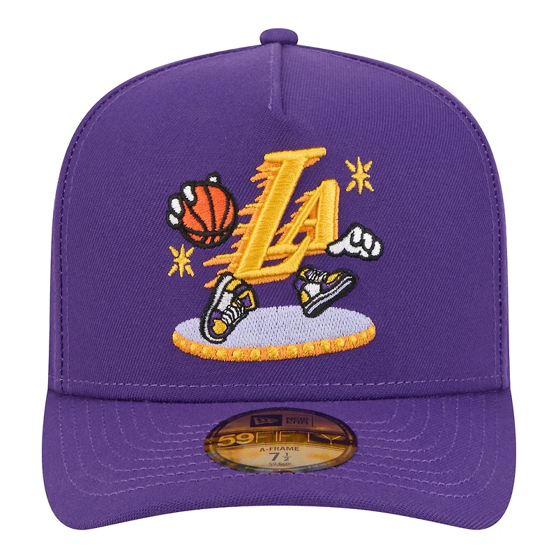 Men's New Era Purple Los Angeles Lakers Injection Cartoon Logo A-Frame 59FIFTY Fitted Hat