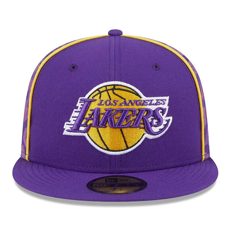 Men's New Era Purple Los Angeles Lakers Piped & Flocked 59Fifty Fitted Hat