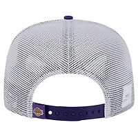 Men's New Era Purple Los Angeles Lakers Puff Print Team Code A-Frame 9FIFTY Trucker Snapback Hat