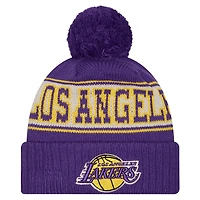 Bonnet en tricot à revers rétro Los Angeles Lakers violet New Era pour homme avec pompon