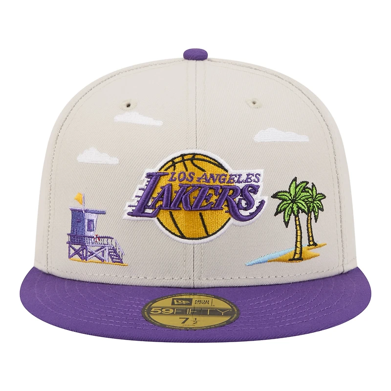 Casquette ajustée New Era 59FIFTY pour homme, beige/violette, Los Angeles Lakers, modèle City Icon.
