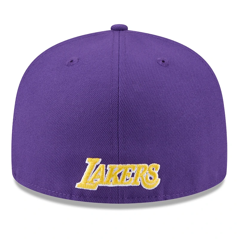 Casquette ajustée New Era 59FIFTY pour homme, blanche et violette, Los Angeles Lakers, collection NBA 2025 Tip Off Split Panel.