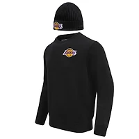 Coffret cadeau pull à col rond et bonnet en tricot revers Pro Standard noir des Los Angeles Lakers pour hommes