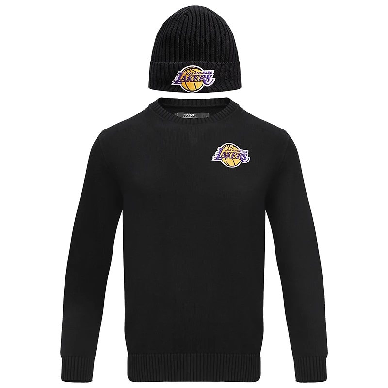Coffret cadeau pull à col rond et bonnet en tricot revers Pro Standard noir des Los Angeles Lakers pour hommes