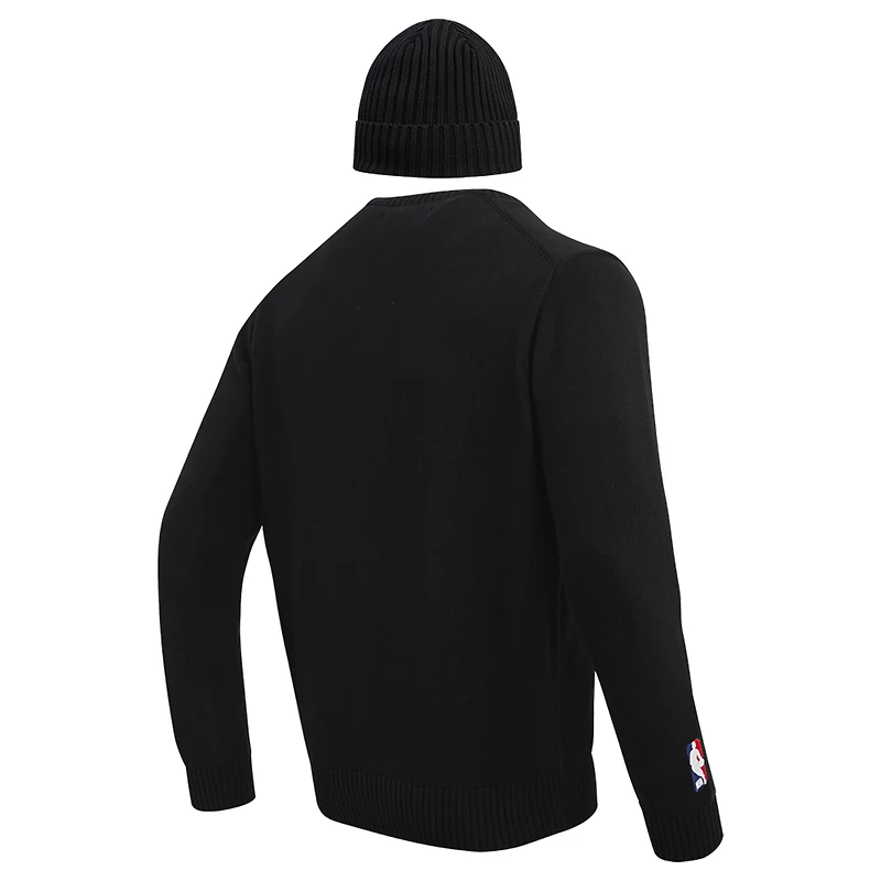 Coffret cadeau pull à col rond et bonnet en tricot revers Pro Standard noir des Los Angeles Lakers pour hommes