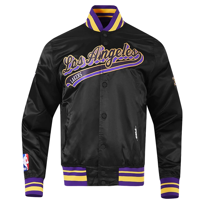 Veste universitaire en satin à bouton-pression complète Pro Standard pour hommes, noire, Los Angeles Lakers Script Tail