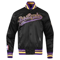 Veste universitaire en satin à bouton-pression complète Pro Standard pour hommes, noire, Los Angeles Lakers Script Tail