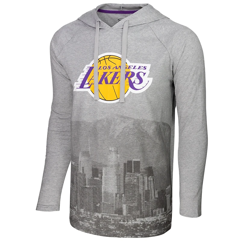 T-shirt à capuche manches longues Stadium Essentials gris chiné Los Angeles Lakers Atrium Raglan pour hommes