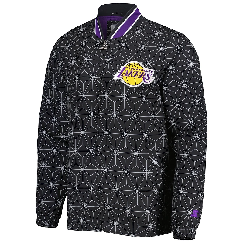 Men's Starter Black Los Angeles Lakers In-Field Play Fashion Satin Full-Zip Varsity Jacket