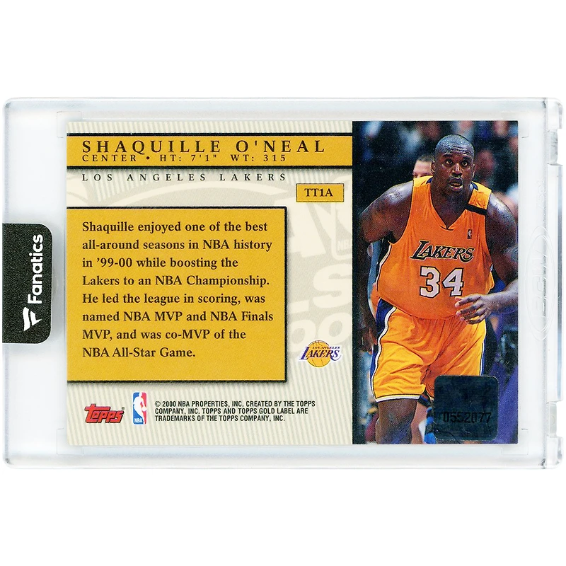 Shaquille O'Neal Los Angeles Lakers 2000-01 Topps Gold Label NBA Finals Game-Used Jersey Relic #TT1A Card