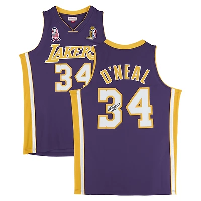 Maillot authentique violet autographié par Shaquille O'Neal des Los Angeles Lakers, Mitchell & Ness 2001-02, avec écussons USA et Finals