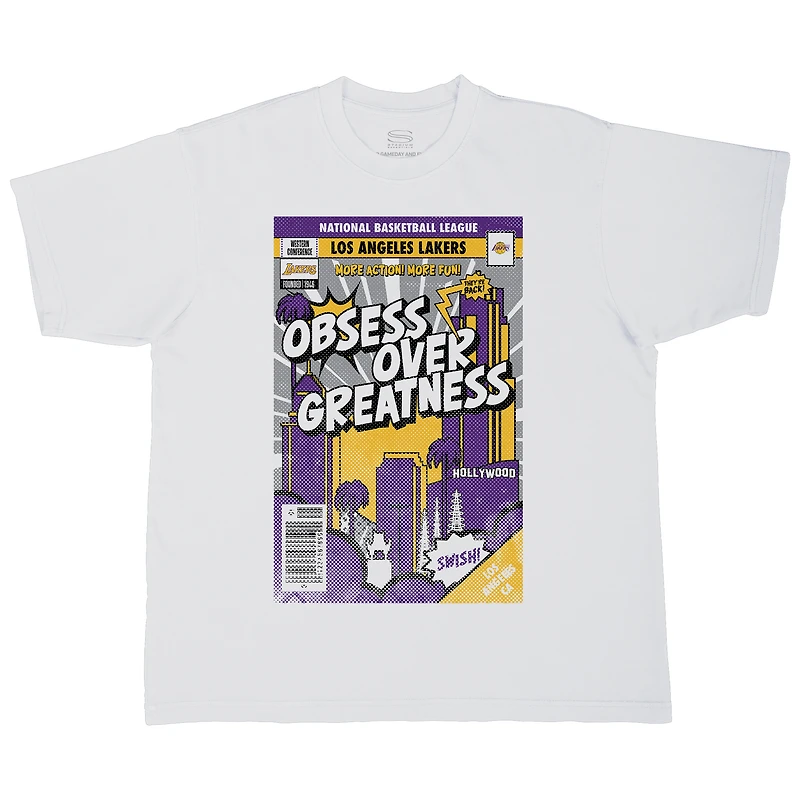T-shirt unisexe Stadium Essentials blanc Los Angeles Lakers, coupe carrée, motif couverture de bande dessinée