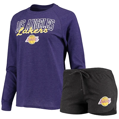 Ensemble de nuit pour femme Concepts Sport noir chiné/violet chiné avec haut à manches longues raglan et short des Los Angeles Lakers