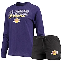 Ensemble de nuit pour femme Concepts Sport noir chiné/violet chiné avec haut à manches longues raglan et short des Los Angeles Lakers