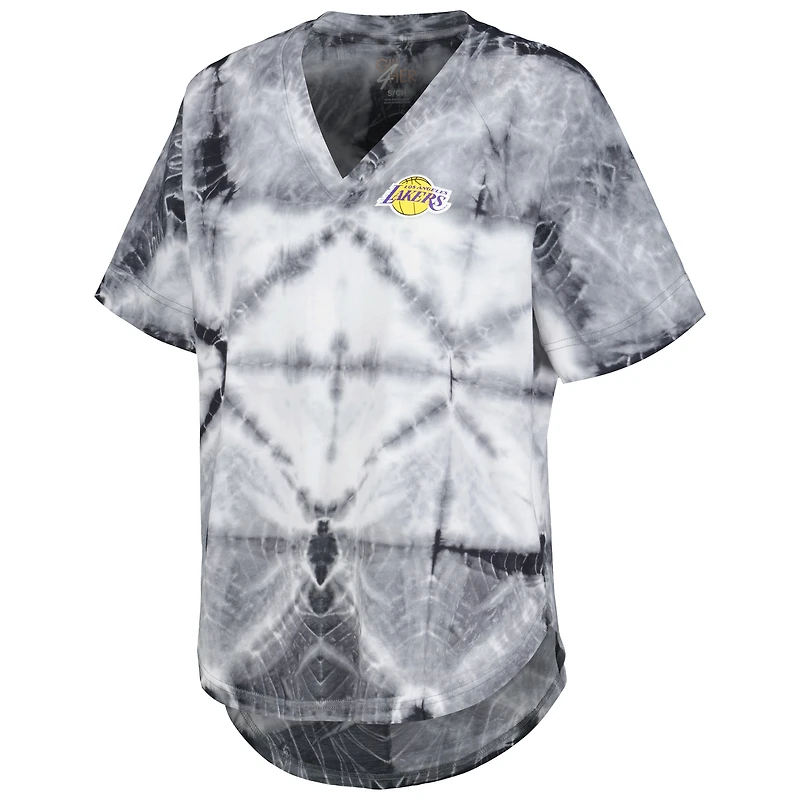 Women's G-III 4Her by Carl Banks Black Los Angeles Lakers Tournament Raglan Oversized Tie-Dye V-Neck T-Shirt