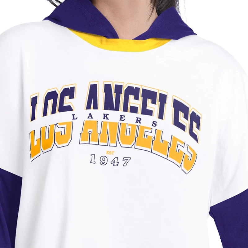 Women's G-III 4Her by Carl Banks White/Purple Los Angeles Lakers Key Player Oversized Hooded Long Sleeve T-Shirt