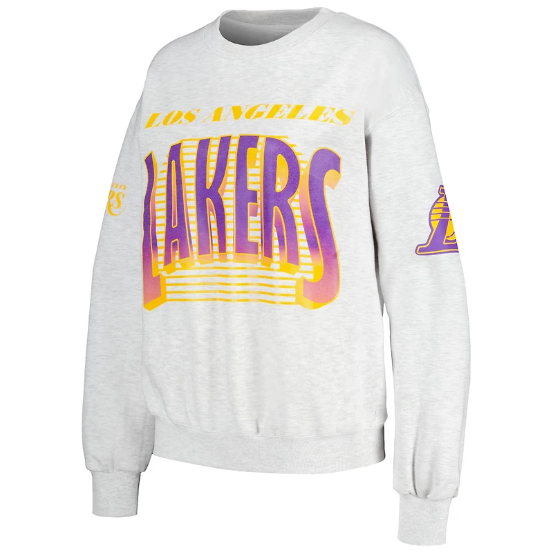 V117326 LAKERS HEATHER GRAY WOMENS QORE CHENILLE APPLIQUE OVERSIZED COZY CREW SWEATSHIRT SWTLADCRW