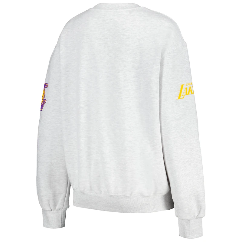 V117326 LAKERS HEATHER GRAY WOMENS QORE CHENILLE APPLIQUE OVERSIZED COZY CREW SWEATSHIRT SWTLADCRW