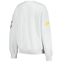 V117326 LAKERS HEATHER GRAY WOMENS QORE CHENILLE APPLIQUE OVERSIZED COZY CREW SWEATSHIRT SWTLADCRW