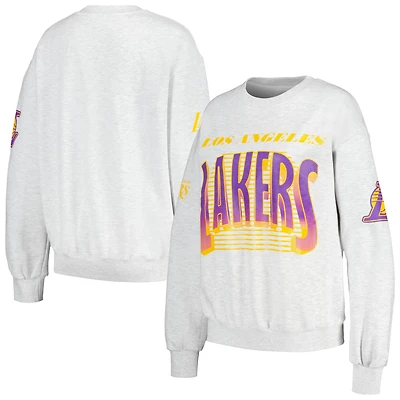 V117326 LAKERS HEATHER GRAY WOMENS QORE CHENILLE APPLIQUE OVERSIZED COZY CREW SWEATSHIRT SWTLADCRW