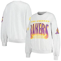 V117326 LAKERS HEATHER GRAY WOMENS QORE CHENILLE APPLIQUE OVERSIZED COZY CREW SWEATSHIRT SWTLADCRW