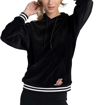 Women's Lusso Black Los Angeles Lakers Nellie Oversized Velour Pullover Hoodie