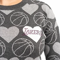 Women's Lusso Charcoal Los Angeles Lakers Basketball Love Swarovski Crystal Intarsia Pullover Sweater