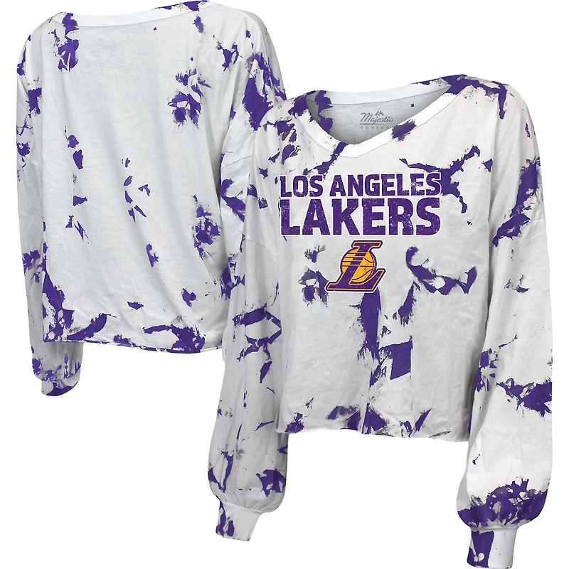 T-shirt à manches longues et col en V Aquarius Los Angeles Lakers Majestic Threads blanc pour femme