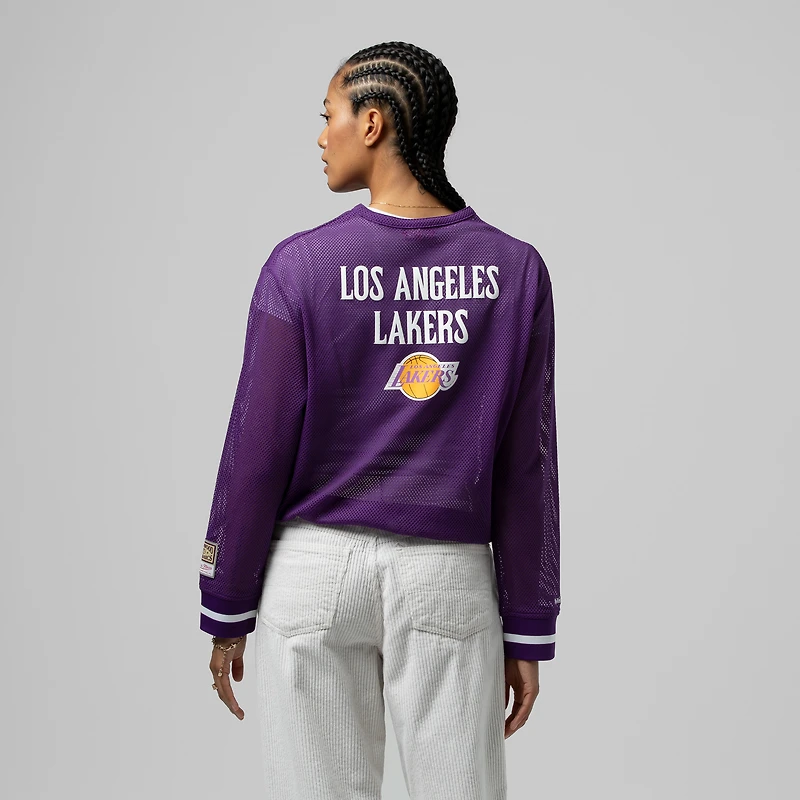 Women's Mitchell & Ness  Purple Los Angeles Lakers Hardwood Classics Henley Mesh Long Sleeve Cropped Top