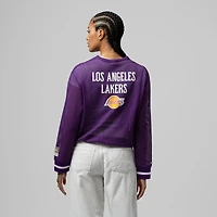 Women's Mitchell & Ness  Purple Los Angeles Lakers Hardwood Classics Henley Mesh Long Sleeve Cropped Top
